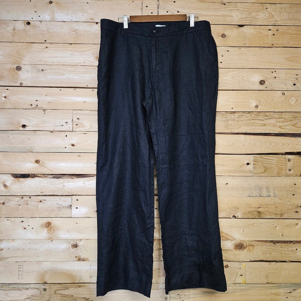 Garnet Hill Black 100% French Flax Linen Wide Leg Trousers Pants Womens Size 14